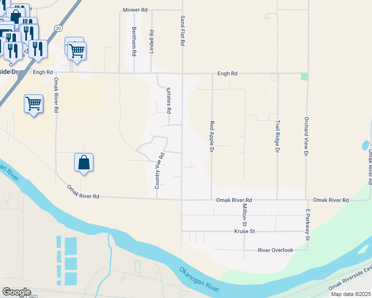 map of restaurants, bars, coffee shops, grocery stores, and more near 22A Sand Flat Road in Omak