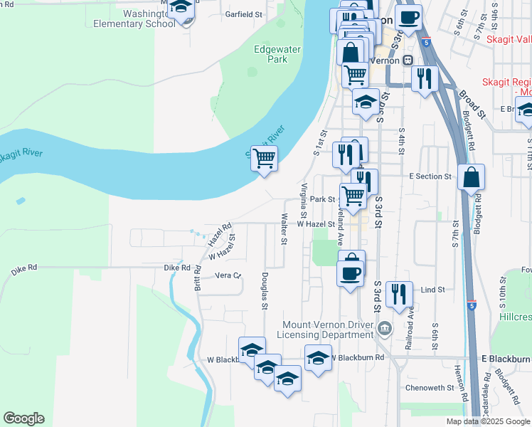 map of restaurants, bars, coffee shops, grocery stores, and more near 725 West Hazel Street in Mount Vernon