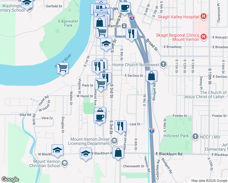 map of restaurants, bars, coffee shops, grocery stores, and more near 1311 South 3rd Street in Mount Vernon