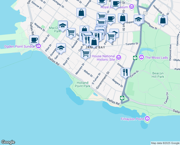 map of restaurants, bars, coffee shops, grocery stores, and more near 540 Rithet Street in Victoria