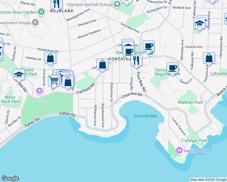 map of restaurants, bars, coffee shops, grocery stores, and more near 215 Robertson Street in Victoria