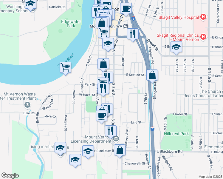 map of restaurants, bars, coffee shops, grocery stores, and more near 1311 South 3rd Street in Mount Vernon