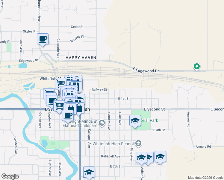 map of restaurants, bars, coffee shops, grocery stores, and more near 24 Park Avenue in Whitefish
