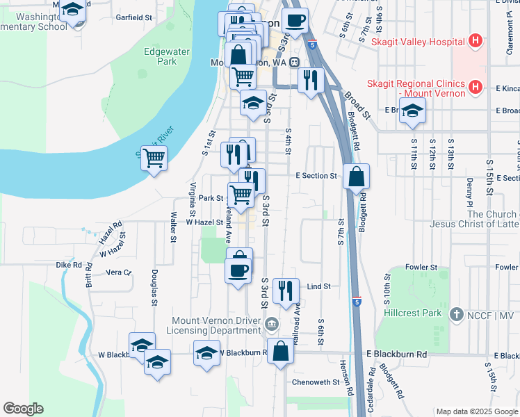 map of restaurants, bars, coffee shops, grocery stores, and more near 1311 South 3rd Street in Mount Vernon