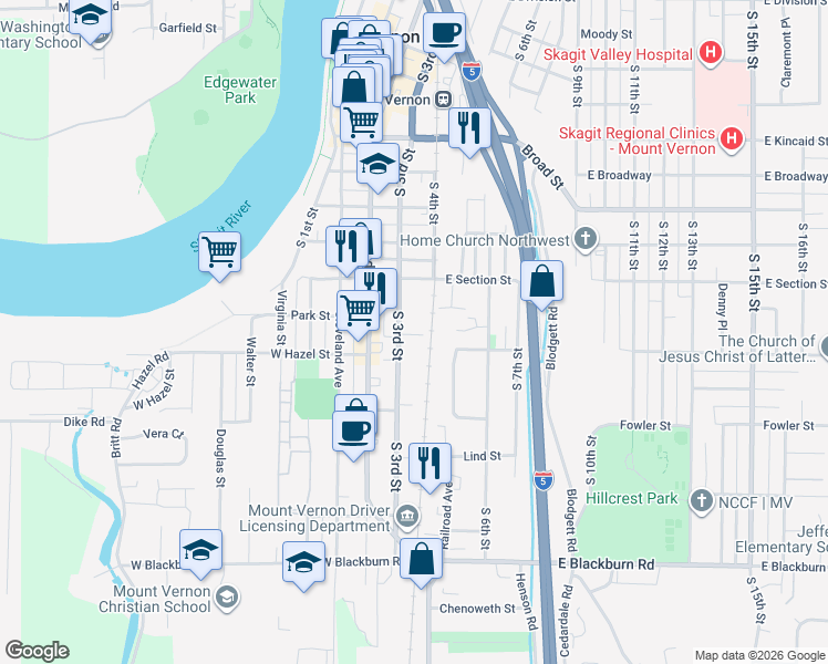 map of restaurants, bars, coffee shops, grocery stores, and more near 1308 South 3rd Street in Mount Vernon