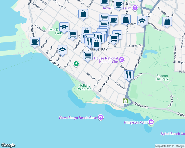 map of restaurants, bars, coffee shops, grocery stores, and more near 540 Rithet Street in Victoria