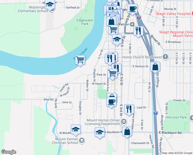map of restaurants, bars, coffee shops, grocery stores, and more near 1317 Virginia Street in Mount Vernon