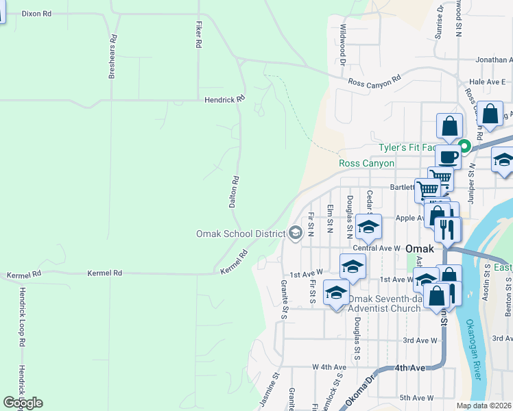 map of restaurants, bars, coffee shops, grocery stores, and more near 14 Dalton Road in Omak