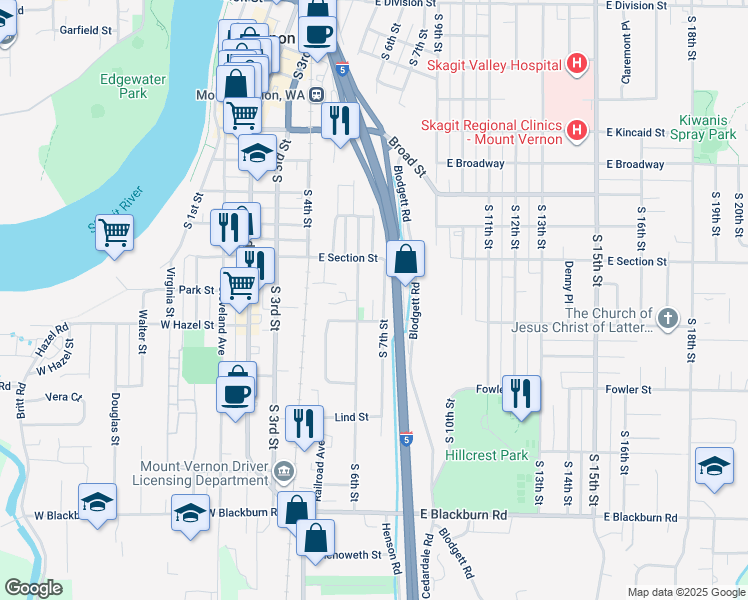 map of restaurants, bars, coffee shops, grocery stores, and more near 1313 South 7th Street in Mount Vernon