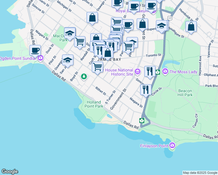 map of restaurants, bars, coffee shops, grocery stores, and more near 547 Niagara Street in Victoria