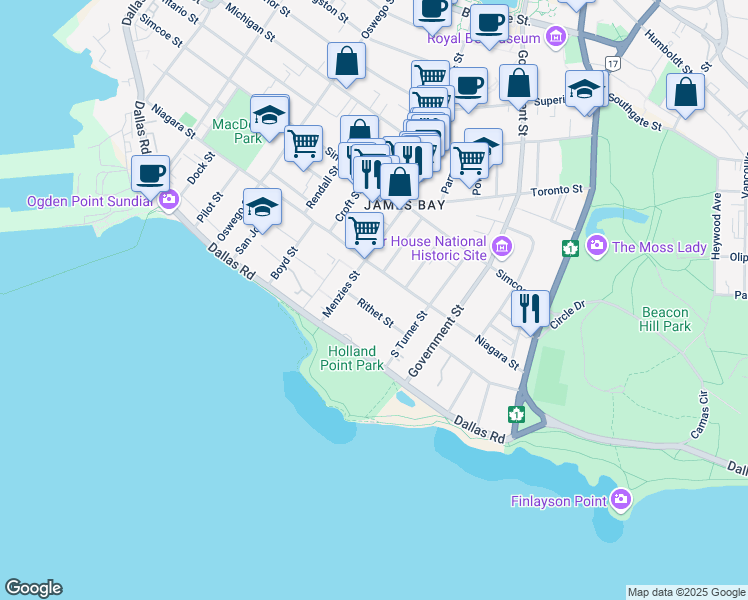 map of restaurants, bars, coffee shops, grocery stores, and more near 520 Rithet Street in Victoria