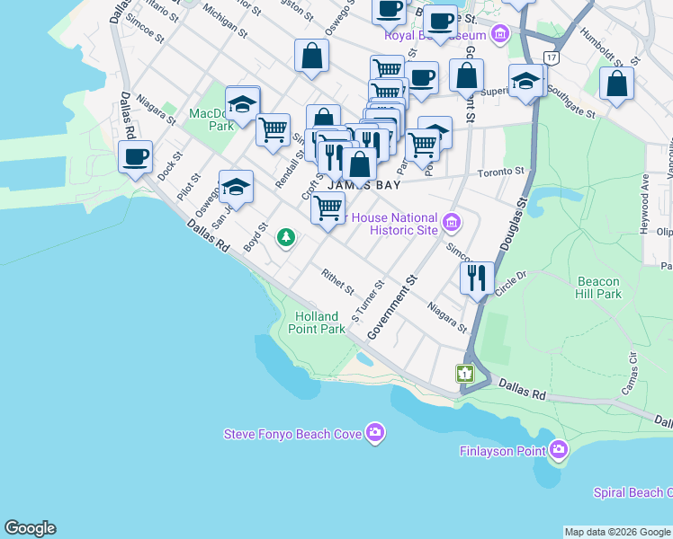 map of restaurants, bars, coffee shops, grocery stores, and more near 520 Rithet Street in Victoria