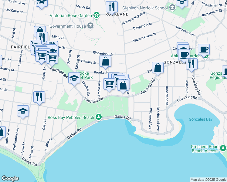 map of restaurants, bars, coffee shops, grocery stores, and more near 4-1516 Fairfield Road in Victoria