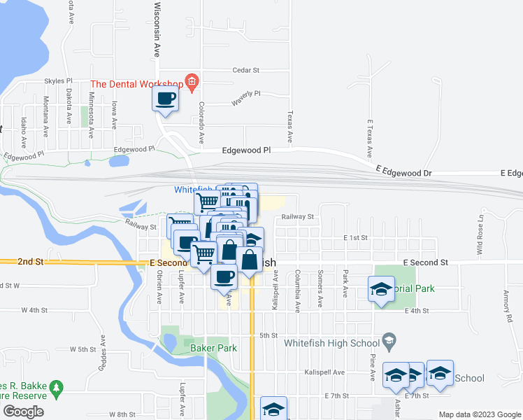 map of restaurants, bars, coffee shops, grocery stores, and more near 9 Spokane Avenue in Whitefish