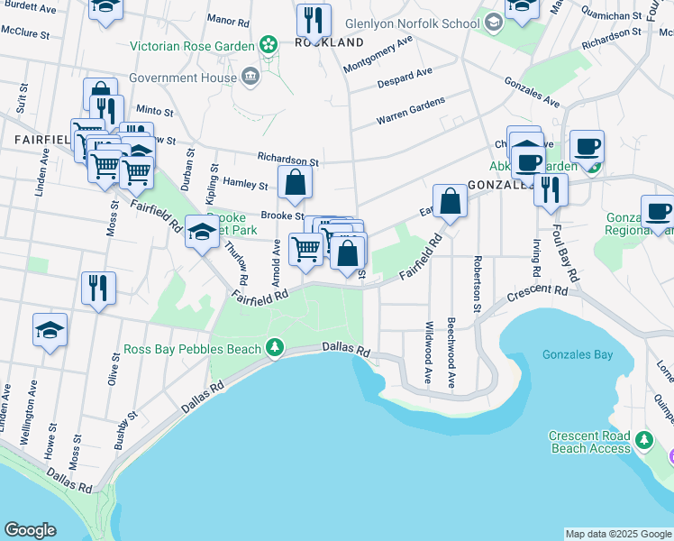 map of restaurants, bars, coffee shops, grocery stores, and more near 4-1516 Fairfield Road in Victoria