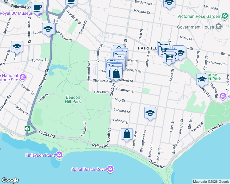 map of restaurants, bars, coffee shops, grocery stores, and more near 217 Cook Street in Victoria