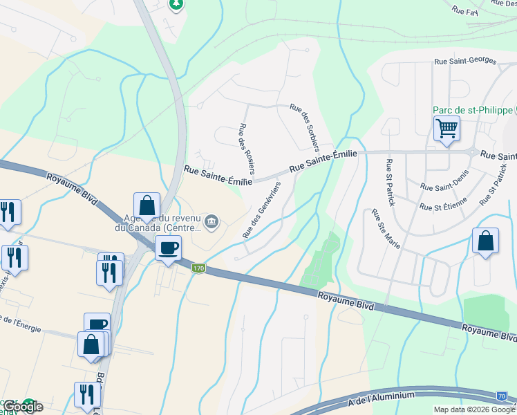 map of restaurants, bars, coffee shops, grocery stores, and more near 2244 Rue des Genévriers in Saguenay