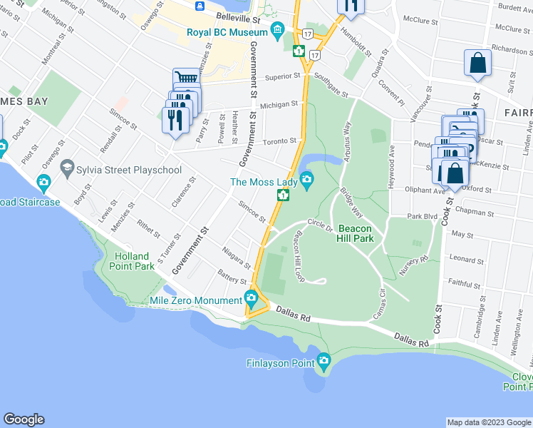 map of restaurants, bars, coffee shops, grocery stores, and more near 40 Circle Drive in Victoria