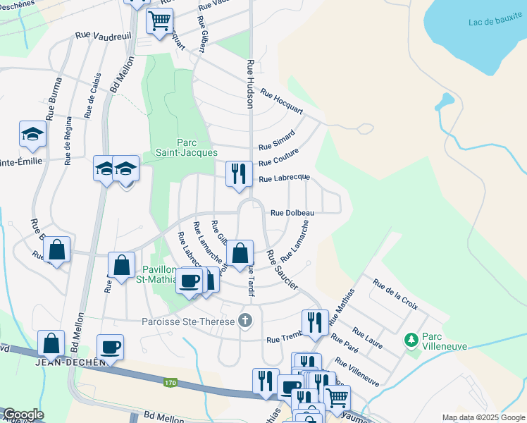 map of restaurants, bars, coffee shops, grocery stores, and more near 2259 Rue Saucier in Saguenay