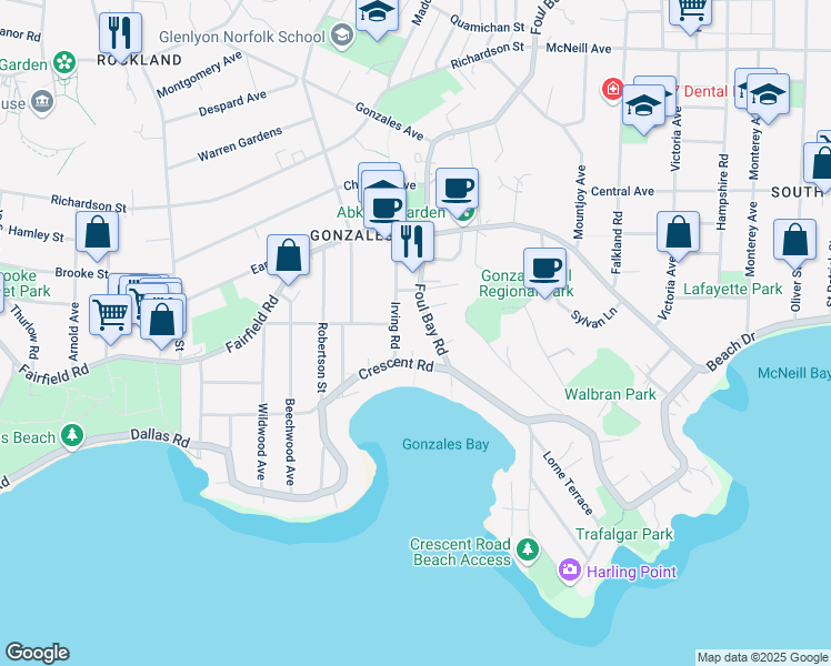 map of restaurants, bars, coffee shops, grocery stores, and more near 332 Foul Bay Road in Victoria