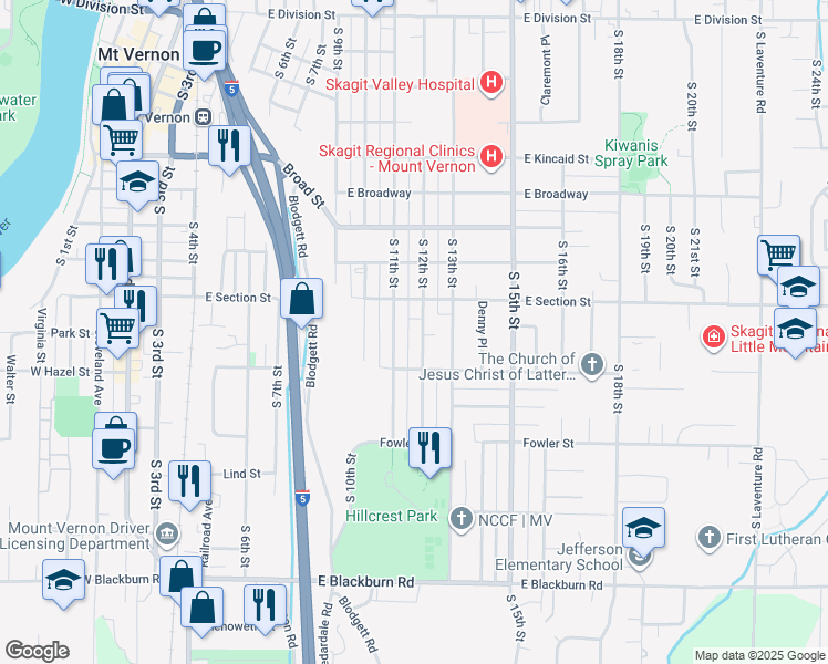 map of restaurants, bars, coffee shops, grocery stores, and more near 1315 South 12th Street in Mount Vernon