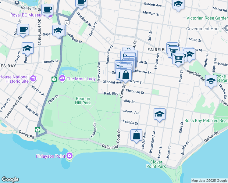 map of restaurants, bars, coffee shops, grocery stores, and more near in Victoria