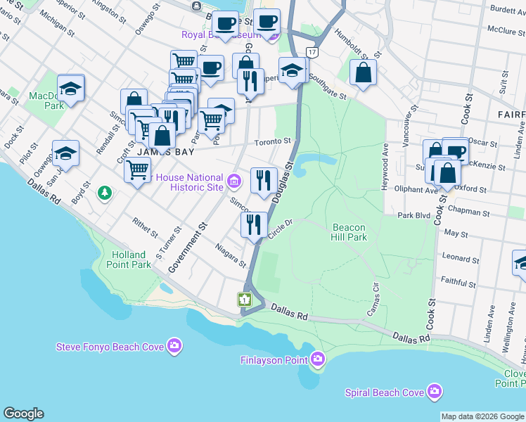 map of restaurants, bars, coffee shops, grocery stores, and more near Menzies Street in Victoria