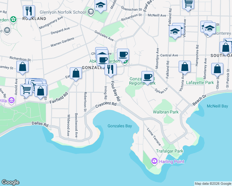 map of restaurants, bars, coffee shops, grocery stores, and more near in Victoria