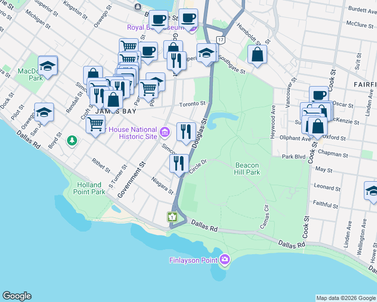 map of restaurants, bars, coffee shops, grocery stores, and more near 40 Circle Drive in Victoria