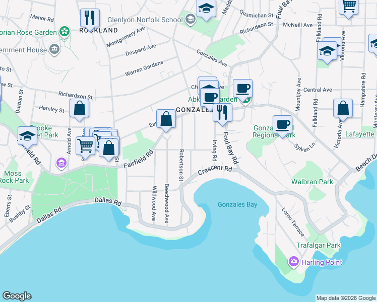 map of restaurants, bars, coffee shops, grocery stores, and more near 215 Robertson Street in Victoria