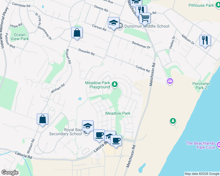 map of restaurants, bars, coffee shops, grocery stores, and more near 3390 Trumpeter Street in Colwood