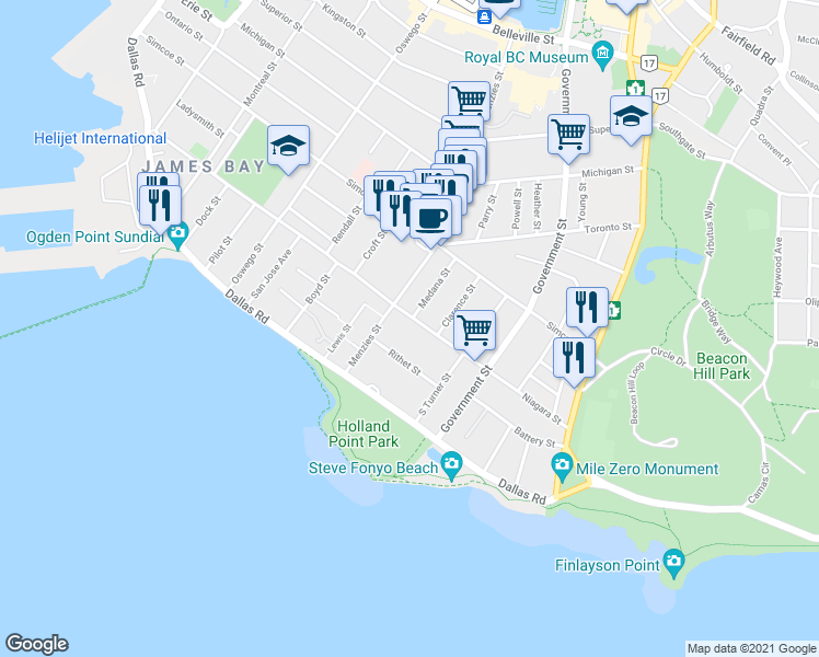 map of restaurants, bars, coffee shops, grocery stores, and more near 540 Rithet Street in Victoria