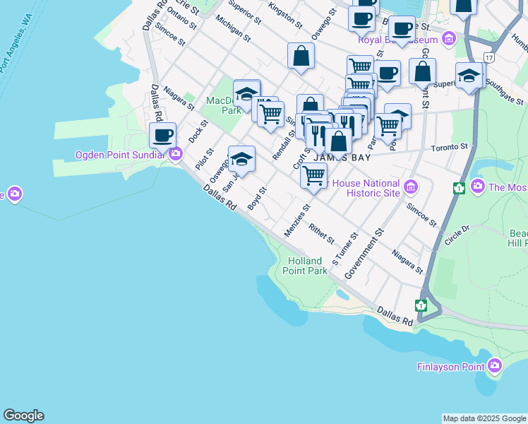 map of restaurants, bars, coffee shops, grocery stores, and more near 450 Dallas Road in Victoria