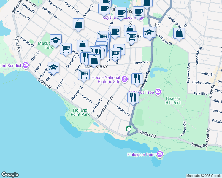map of restaurants, bars, coffee shops, grocery stores, and more near 135 South Turner Street in Victoria