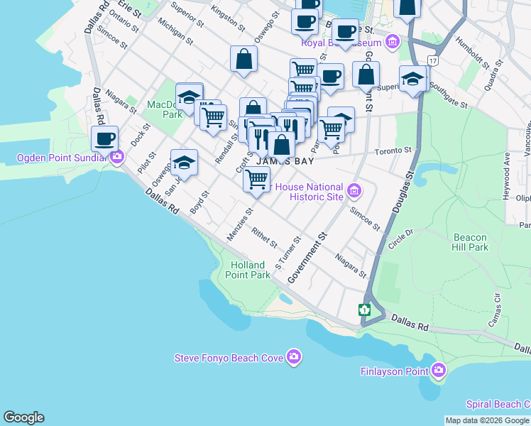 map of restaurants, bars, coffee shops, grocery stores, and more near 535 Niagara Street in Victoria