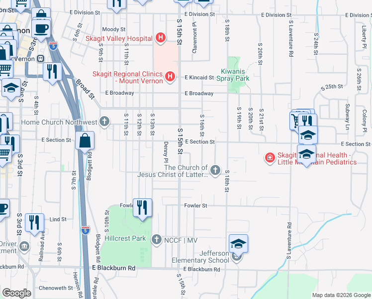 map of restaurants, bars, coffee shops, grocery stores, and more near 1519 East Section Street in Mount Vernon