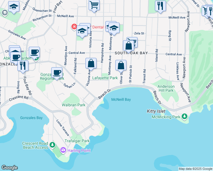 map of restaurants, bars, coffee shops, grocery stores, and more near 442 Monterey Avenue in Victoria