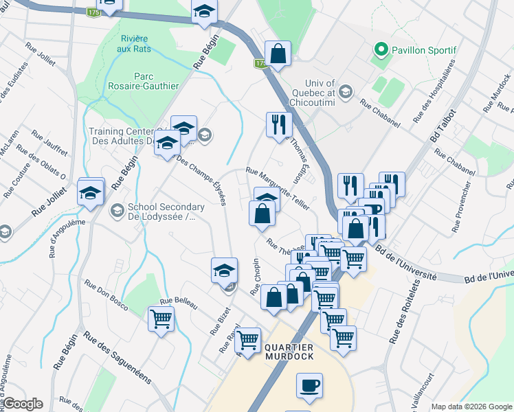 map of restaurants, bars, coffee shops, grocery stores, and more near 955 Rue Thérèse-Casgrain in Saguenay