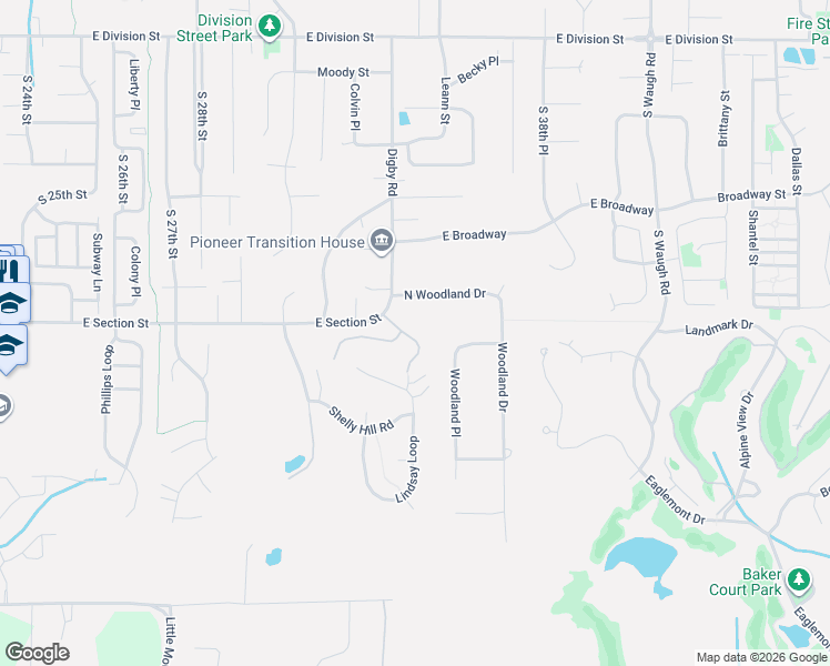 map of restaurants, bars, coffee shops, grocery stores, and more near 3400 North Woodland Drive in Mount Vernon