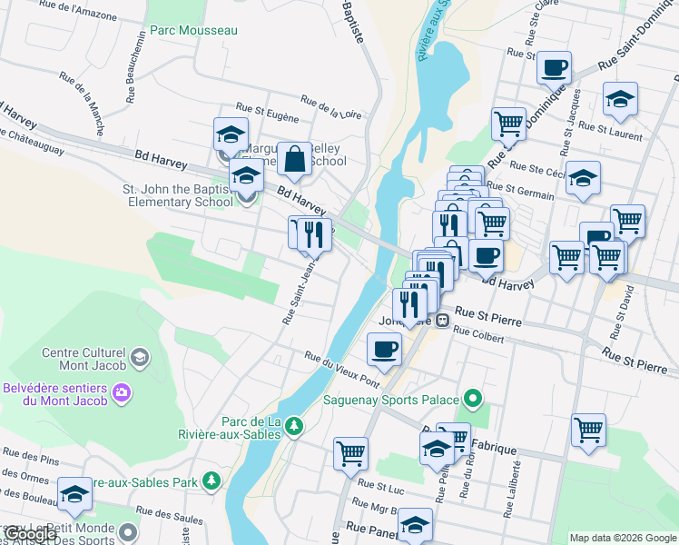 map of restaurants, bars, coffee shops, grocery stores, and more near 2228 Rue Saint Maurice in Saguenay