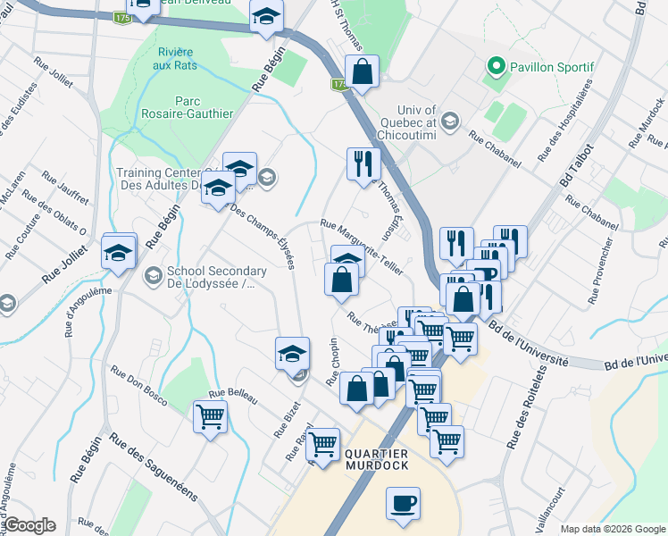 map of restaurants, bars, coffee shops, grocery stores, and more near 955 Rue Thérèse-Casgrain in Saguenay