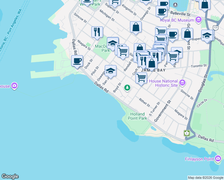 map of restaurants, bars, coffee shops, grocery stores, and more near 370 Sylvia Street in Victoria