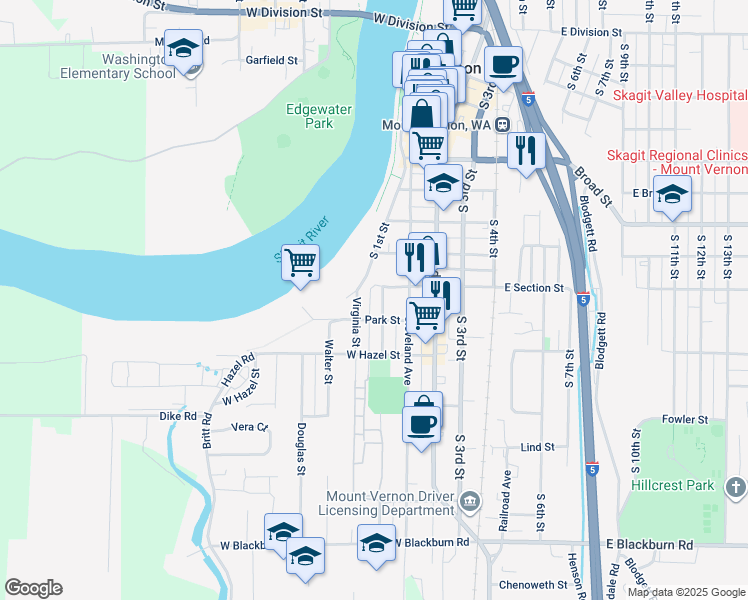 map of restaurants, bars, coffee shops, grocery stores, and more near 511 West Section Street in Mount Vernon