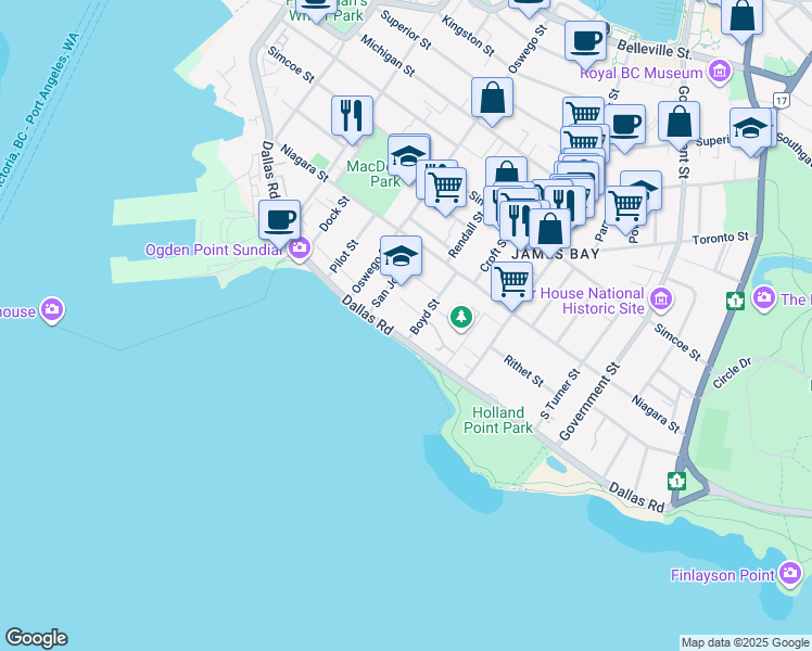 map of restaurants, bars, coffee shops, grocery stores, and more near 360 Dallas Road in Victoria