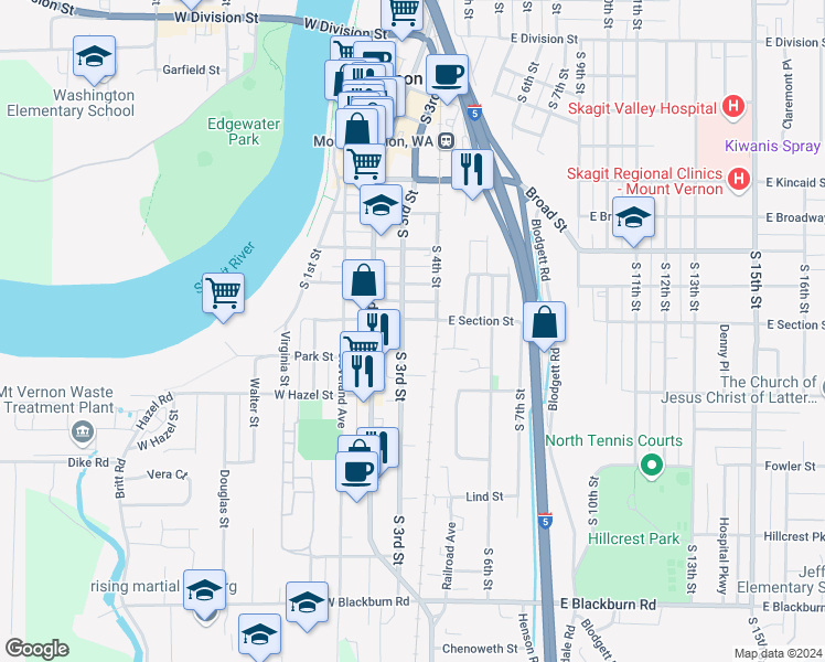 map of restaurants, bars, coffee shops, grocery stores, and more near 1125 South 3rd Street in Mount Vernon