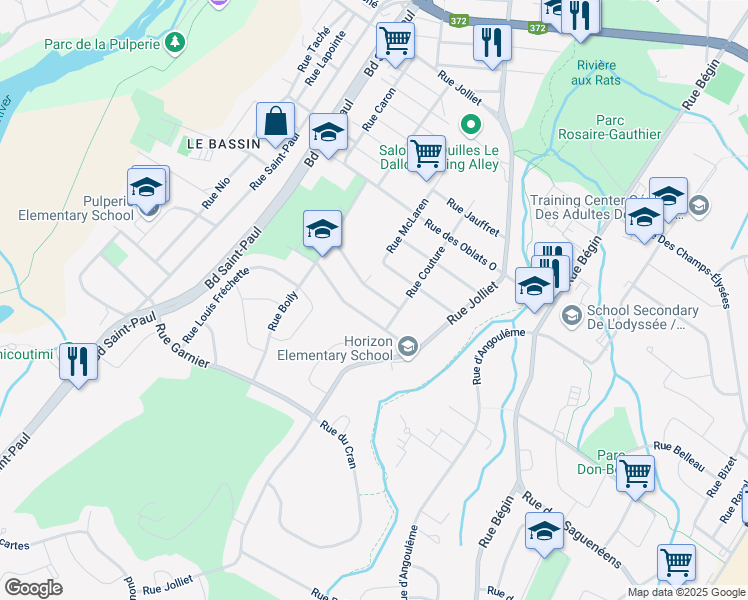 map of restaurants, bars, coffee shops, grocery stores, and more near 154 Rue Thomas Duperré in Saguenay