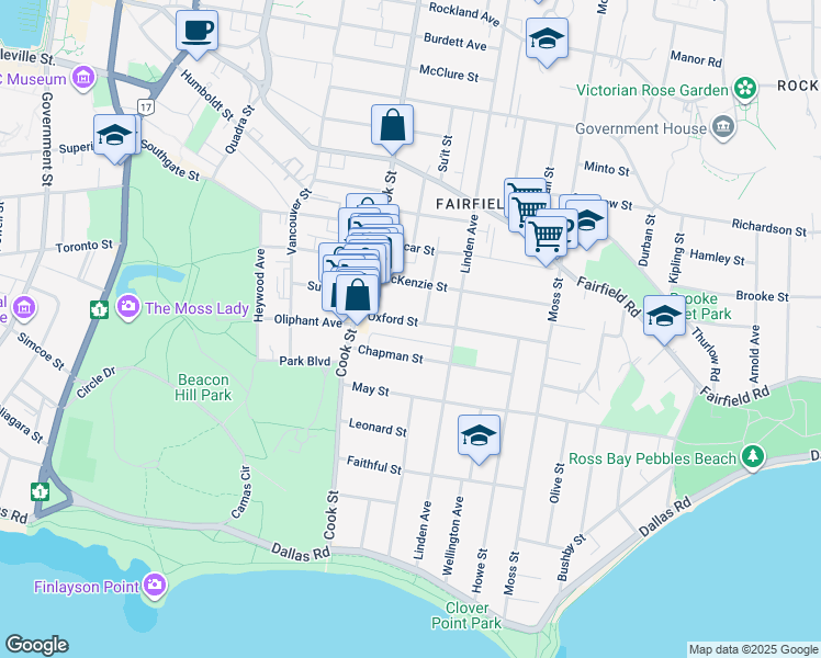 map of restaurants, bars, coffee shops, grocery stores, and more near 1151 Oxford Street in Victoria