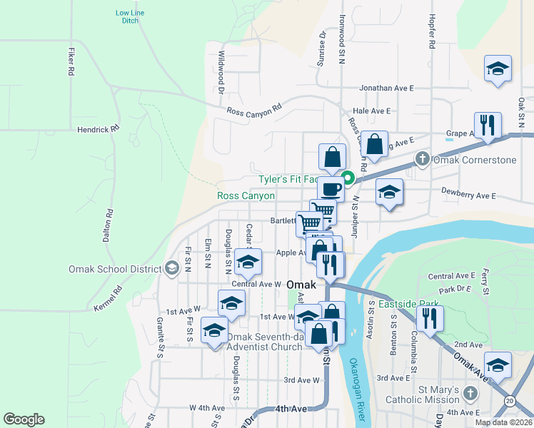 map of restaurants, bars, coffee shops, grocery stores, and more near 215 Birch Street North in Omak
