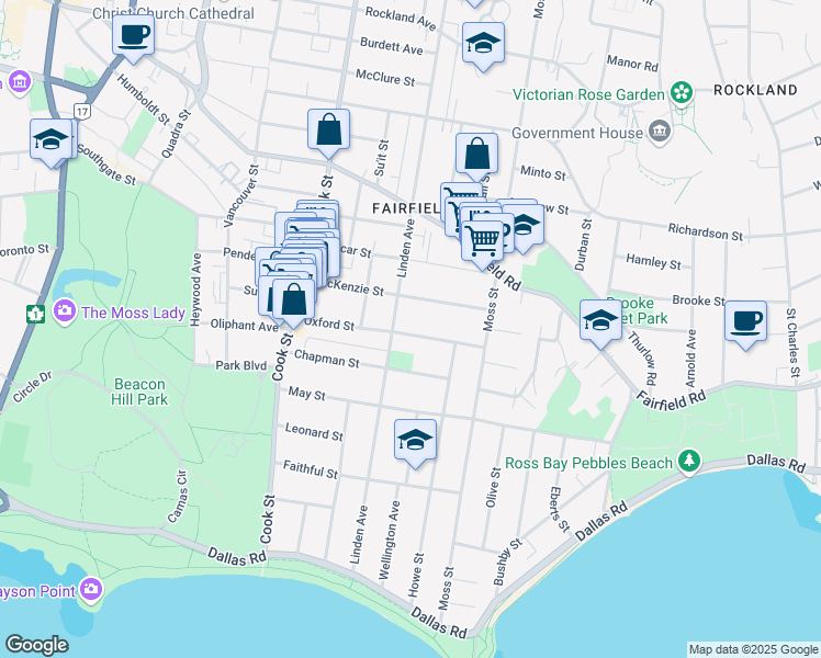 map of restaurants, bars, coffee shops, grocery stores, and more near 1212 Oxford Street in Victoria