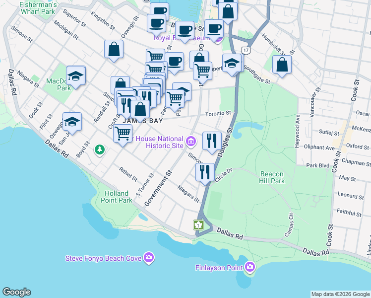 map of restaurants, bars, coffee shops, grocery stores, and more near 208 Government Street in Victoria